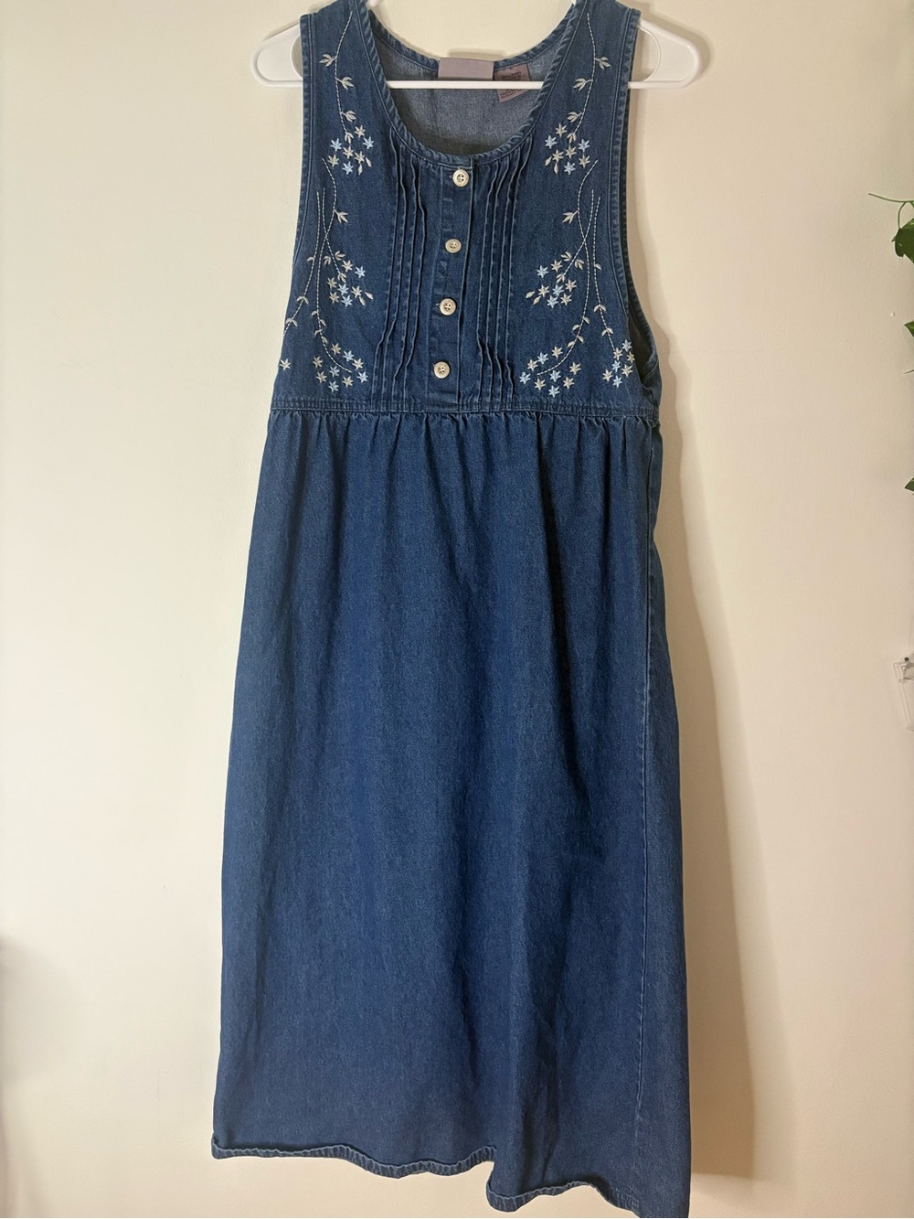 Premier Blue Denim Sleeveless Dress with White Floral Embroidery